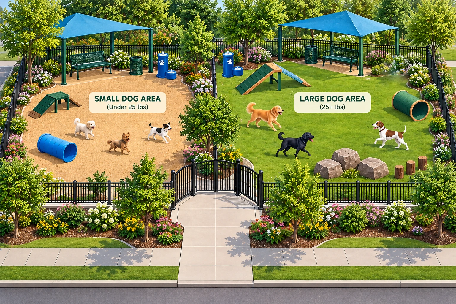 Illustrated community dog park layout with separate small and large dog areas, agility equipment, drinking fountains, shaded benches, and fenced play spaces.